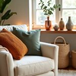 accent decor items including accent pillows, vases, plants, throws, baskets, lights