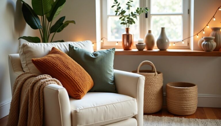 accent decor items including accent pillows, vases, plants, throws, baskets, lights