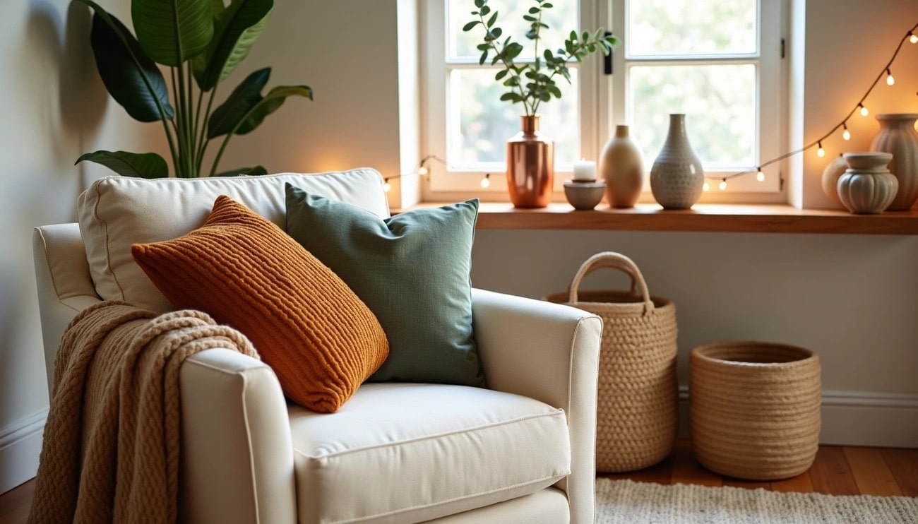 accent decor items including accent pillows, vases, plants, throws, baskets, lights