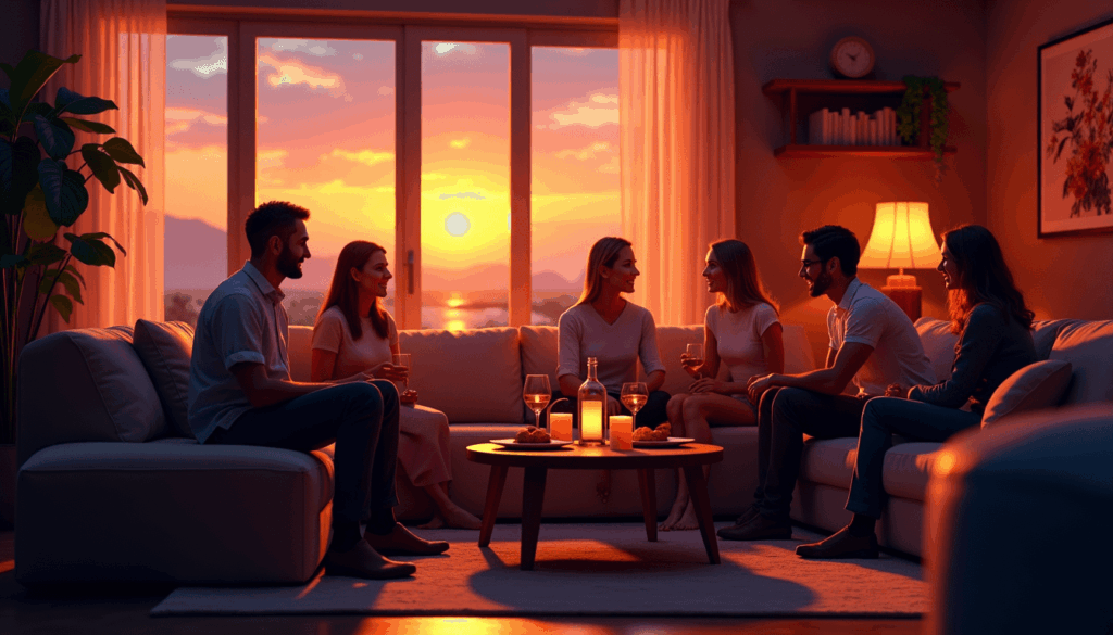 evening dinner party mingle living room