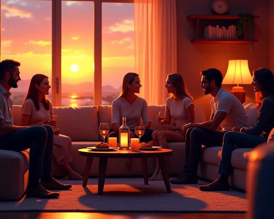 evening dinner party mingle living room