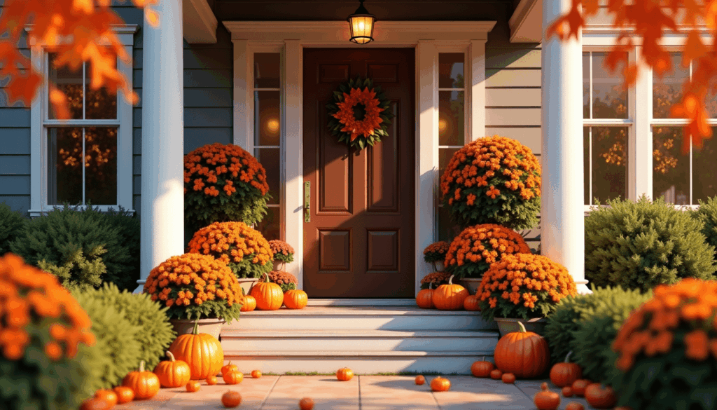 outdoor exterior entryway decorated for fall autumn with pumpkins, wreath, and flowers