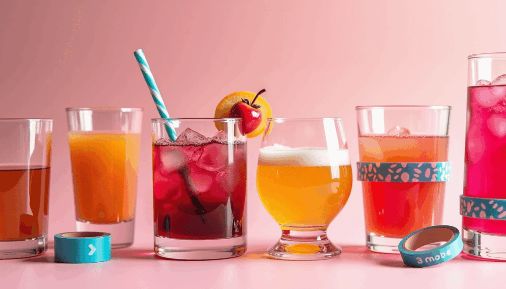 various drinks tagged with washi tape and colored straw