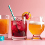 various drinks tagged with washi tape and colored straw