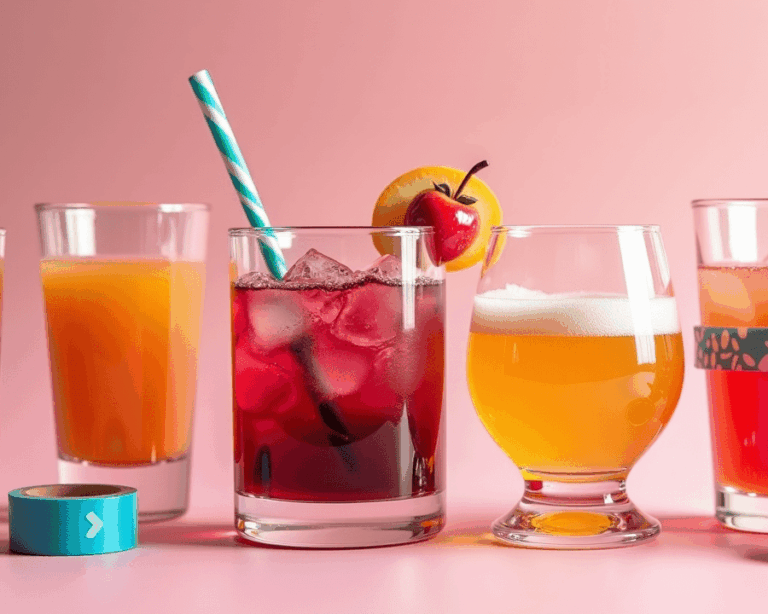 various drinks tagged with washi tape and colored straw