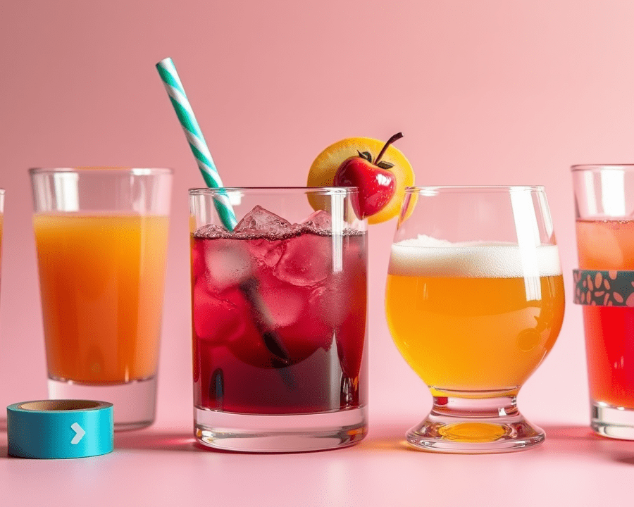 various drinks tagged with washi tape and colored straw