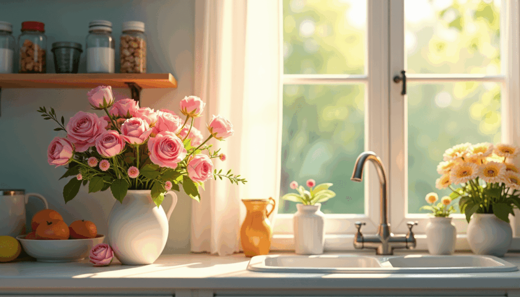 kitchen counter and sink areadecorated for springtime
