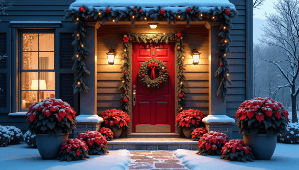 Wintertime outdoor seasonal holiday decor entryway