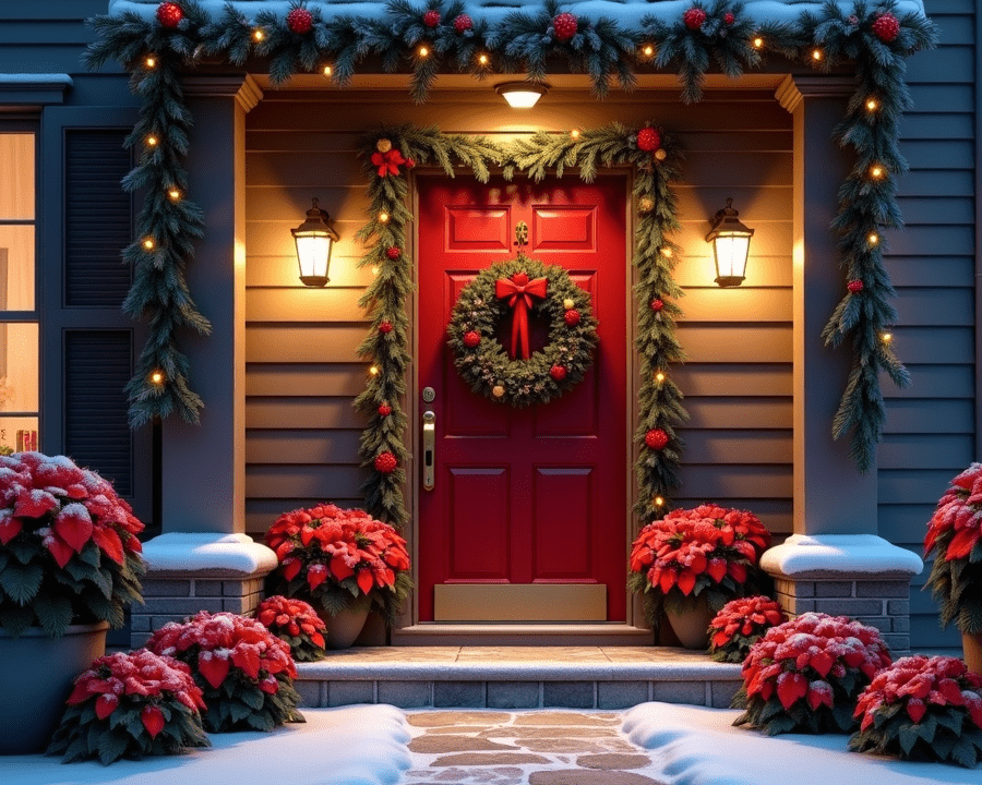 Wintertime outdoor seasonal holiday decor entryway