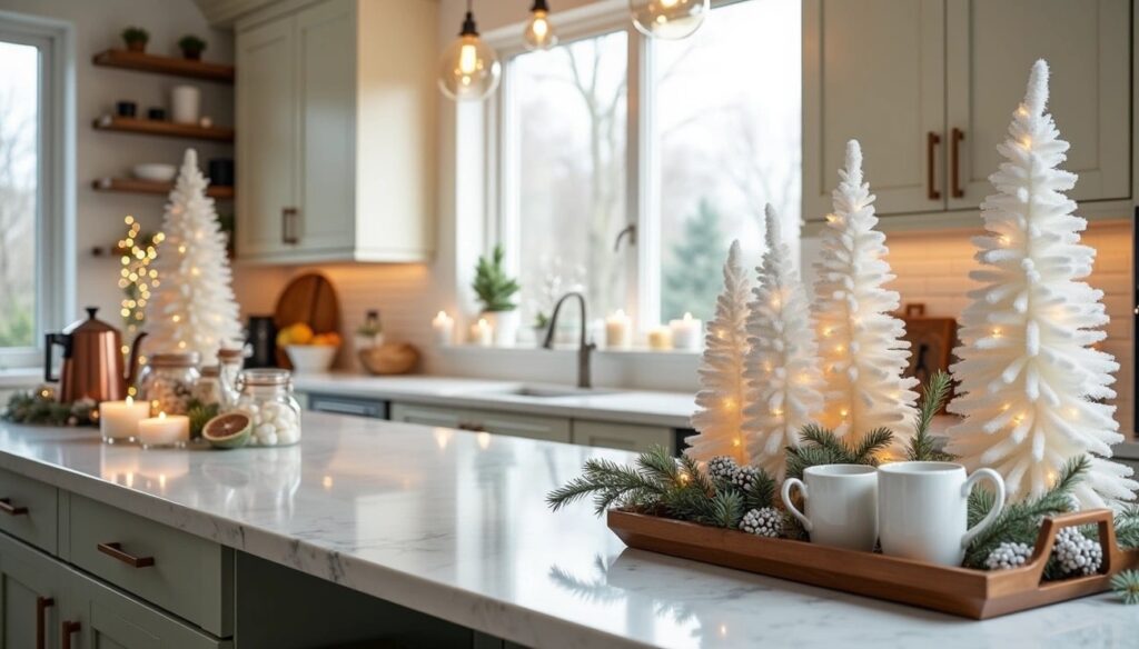 modern kitchen decorated for Christmas and wintertime
