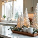 modern kitchen decorated for Christmas and wintertime
