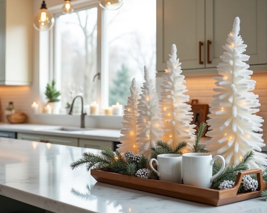 modern kitchen decorated for Christmas and wintertime