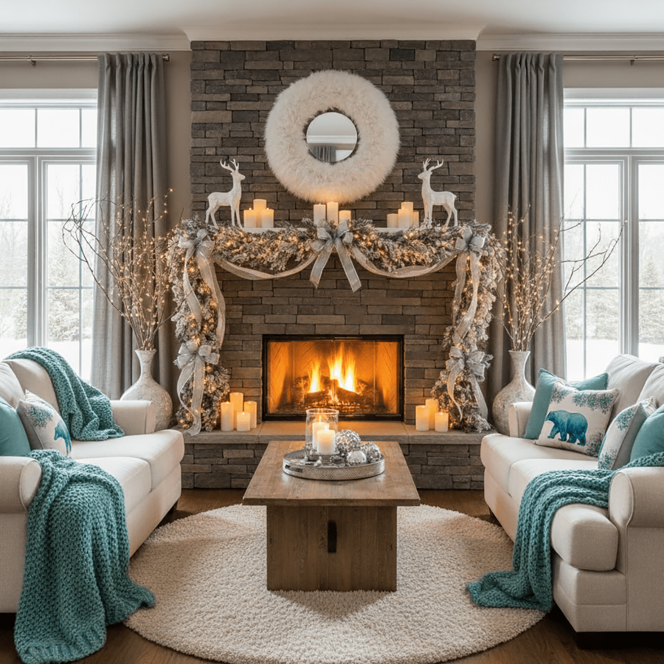 cozy winter decorated living room with fireplace