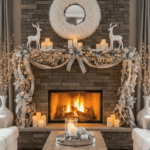 Closeup of a cozy winter decorated living room fireplace
