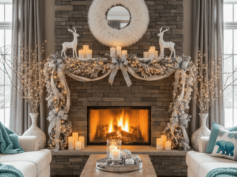 Closeup of a cozy winter decorated living room fireplace