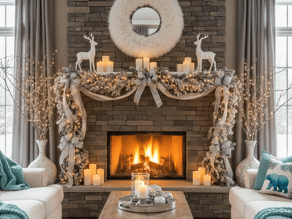 Closeup of a cozy winter decorated living room fireplace