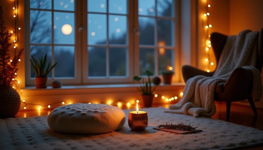 quiet calm cozy living room with string lights