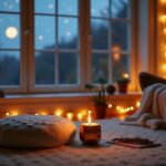 quiet calm cozy living room with string lights