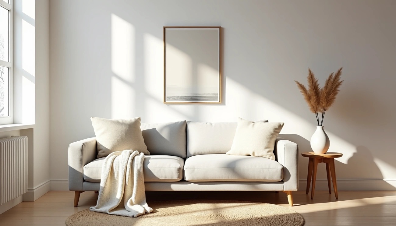 white neutral visually silent living room space