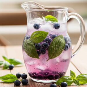 pitcher of blueberry basil spritzer recipe