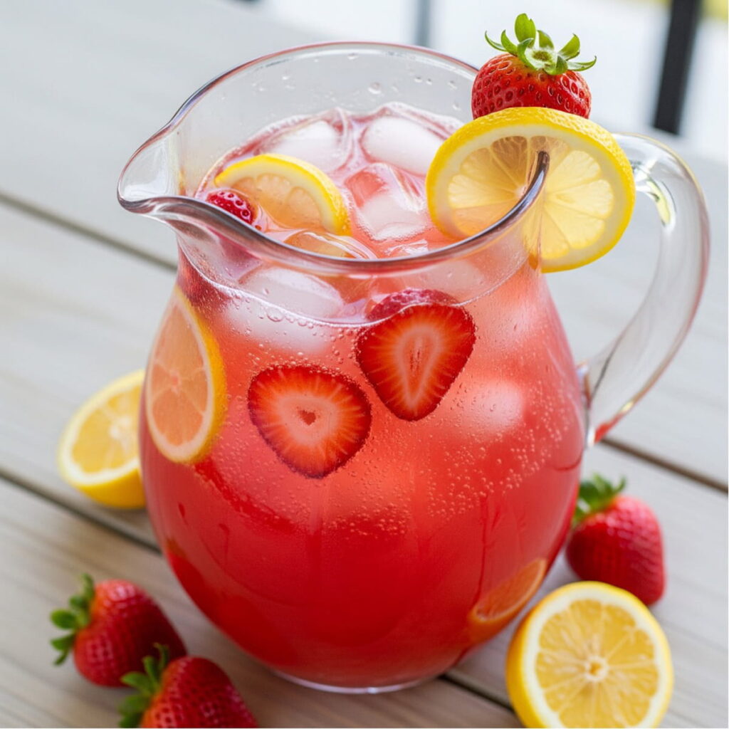 pitcher of Sparkling Strawberry Lemonade Punch