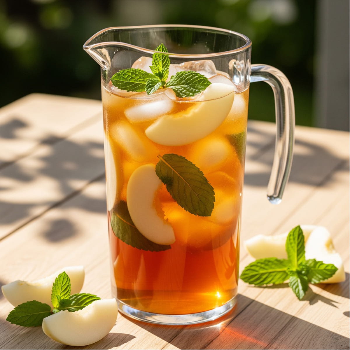 Pitcher of white peach iced tea